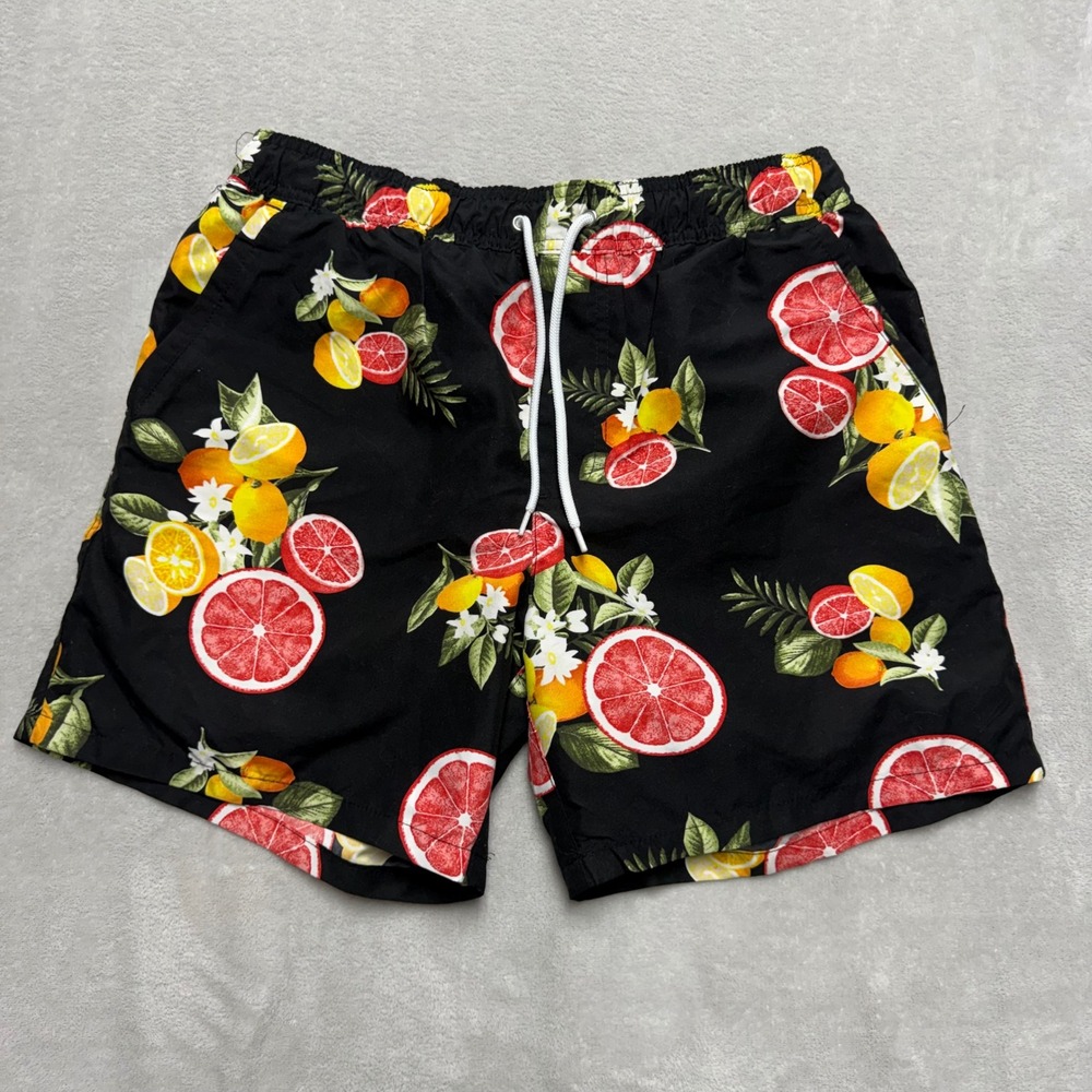 Forever 21 Men Black Citrus Fruit Print Swim‎ Trunks Shorts Sz Medium Grapefruit